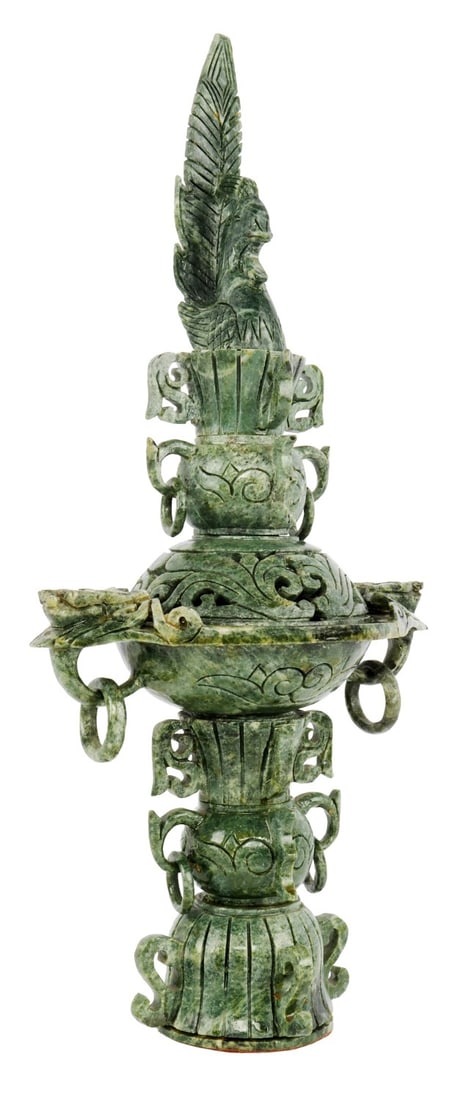 HAND CARVED GREEN SOAPSTONE INCENSE BURNER CENSER: Two-piece Chinese censer hand-carved of green soapstone. Peacock and dragon figural decoration with hanging bangles. Height 15 inches.