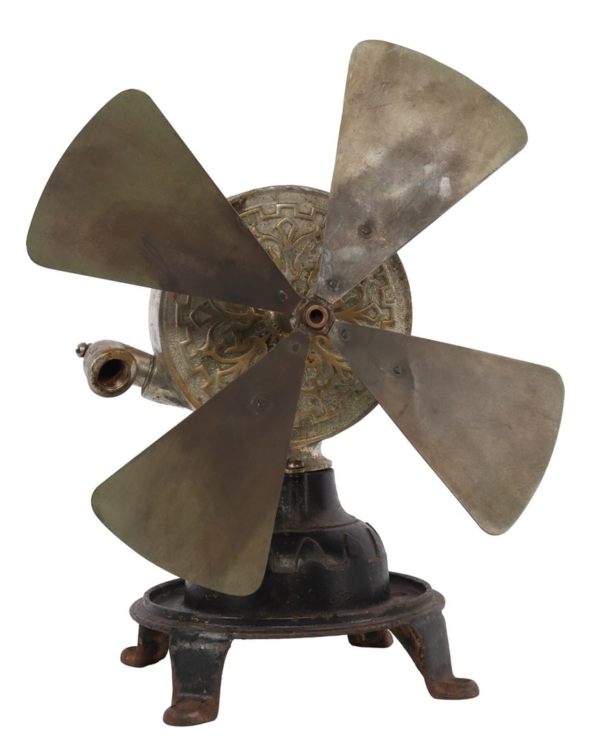 SPECIALTY MANUFACTURING WATER POWERED FAN: A water powered fan built by the Specialty Manufacturing Company. Not electric. 12.75 inch fan blade span, measured at an angle. 15 inches tall.