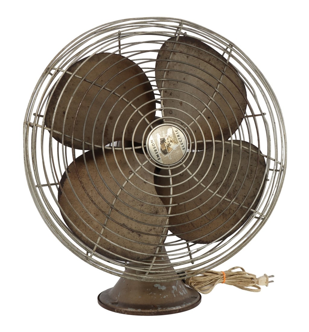 VINTAGE ART DECO FAN EMERSON OSCILLATING: A vintage art deco oscillating fan from Emerson Electric. 17.5 inch diameter fan cage, 21 inches tall.