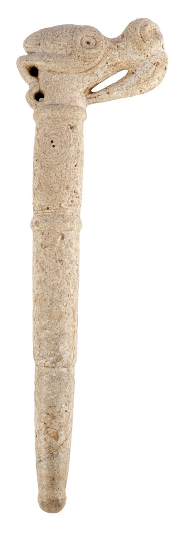 LARGE ANCIENT PRE COLUMBIAN TAINO STONE SCEPTER: Ancient pre-Columbian Taino carved stone scepter with a bird figure. Arawak or Taino culture, the indigenous peoples of the Caribbean, Circa 1000 to 1500. It measures 17 1 /2 X 5 3/4 inches. Weighs 4