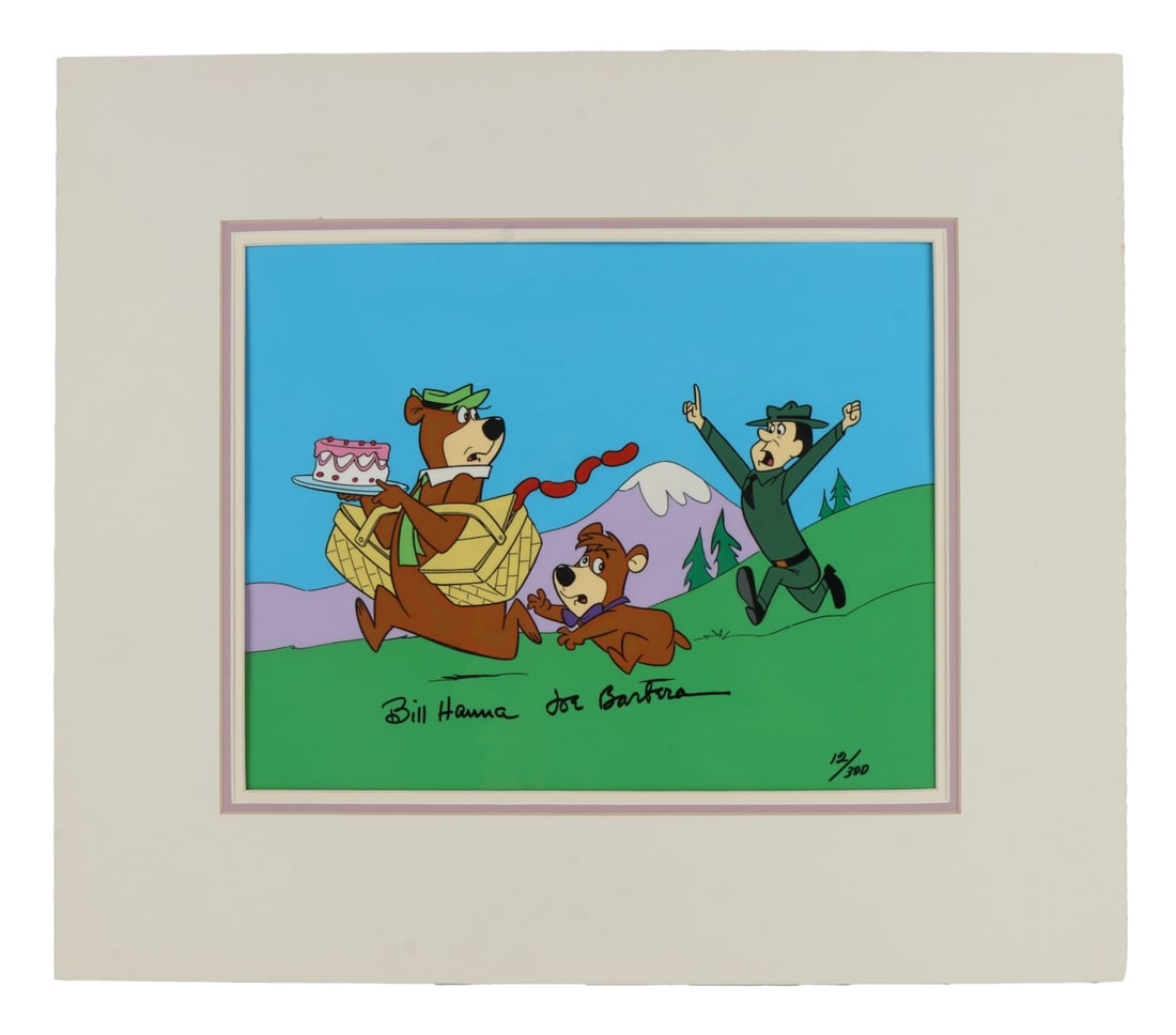SIGNED YOGI BEAR CEL ESCAPE FROM RANGER SMITH: Yogi Bear "Escape From Ranger Smith" animation cel signed by Bill Hanna and Joe Barbera. Numbered 12 of 300. Identified lower left "HB306." Dimensions 12.25 x 10.5 inches.