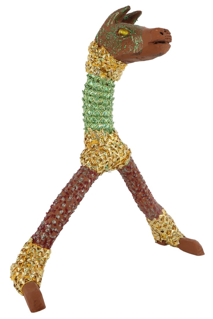 OSSIE LEE SAMUELS OL SAMUELS FOLK ART HORSE: A horse, depicted by celebrated folk artist Ossie Lee Samuels (O. L. Samuels, 1931-2017). This piece reflects Samuels' distinct, surreal, and sometimes even bizarre stylings, showing a two legged hors