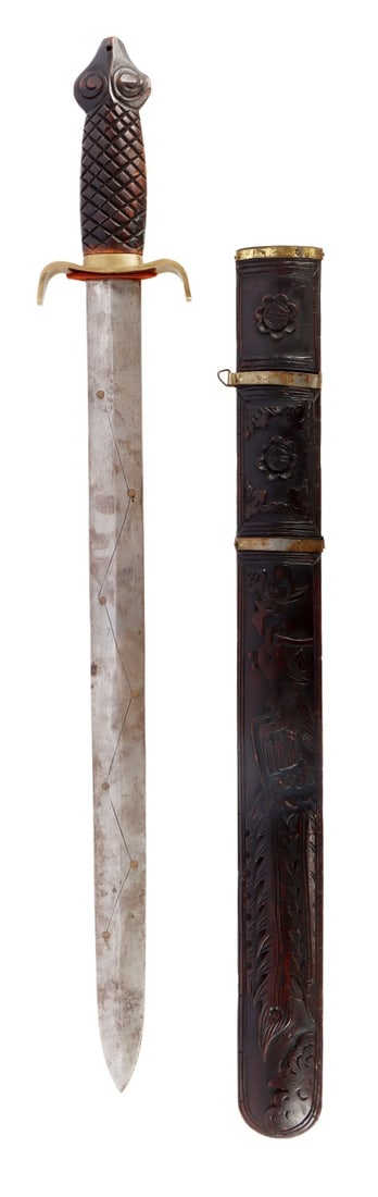 CHINESE DAOIST RITUAL SEVEN STAR JIAN SWORD: A jian (double-edged) sword, bearing the ritualistically important seven star symbolization found in Daoism and derived ultimately from the folk tales that informed the epic history, Romance of the Th