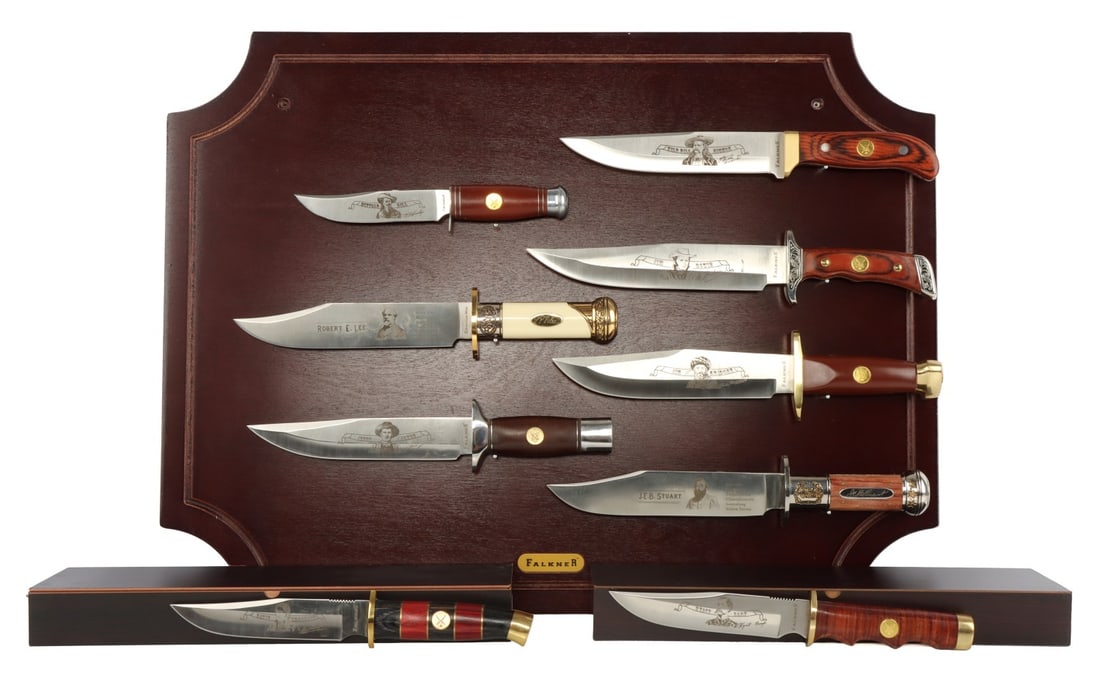 CONFEDERATE CSA OLD WEST BOWIE KNIFE SET 10 PCS: Lot of ten (10) pieces. Includes 9 Confederate generals and Old West commemorative bowie knives (Falkner & American Mint make) and Falkner wood display plaque with magnetic mount points.