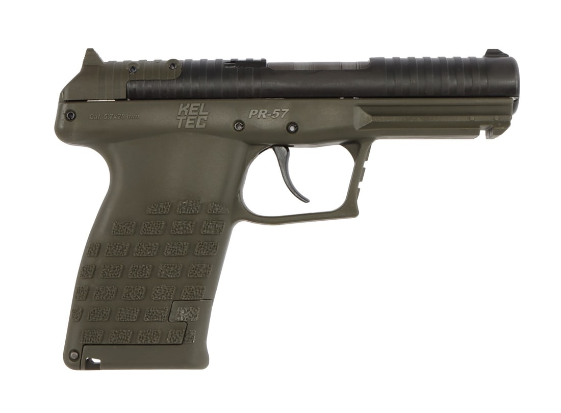 KELTEC PR57 5.7X28 20+1 OPTIC READY PISTOL NIB: New in box KelTec PR-57 semi-automatic concealed carry pistol, OD green frame. Hammer-fired, clip-fed, with 20-round capacity and optic ready slide. Includes two (2) 10-round stripper clips. FFL requi