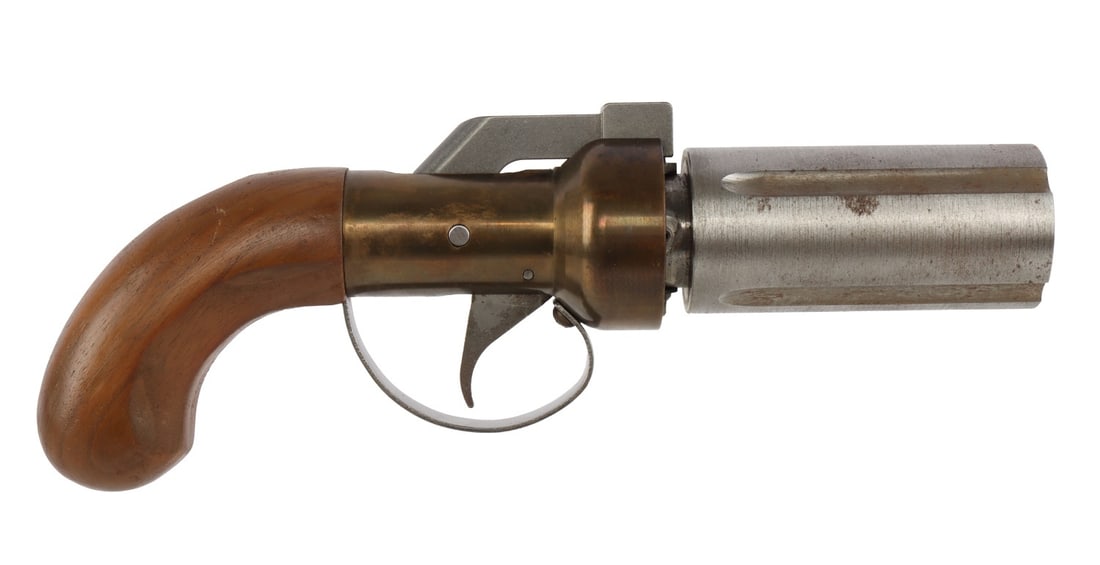 CMC .36 CAL PEPPERBOX 4-SHOT PERCUSSION REVOLVER: Vintage CMC pepperbox four-shot percussion revolver, .36 cal. Muzzle-loading. Trigger raises and drops hammer but cylinder must be manually rotated. Overall length 9 inches. Antique. | Caliber: .36 |