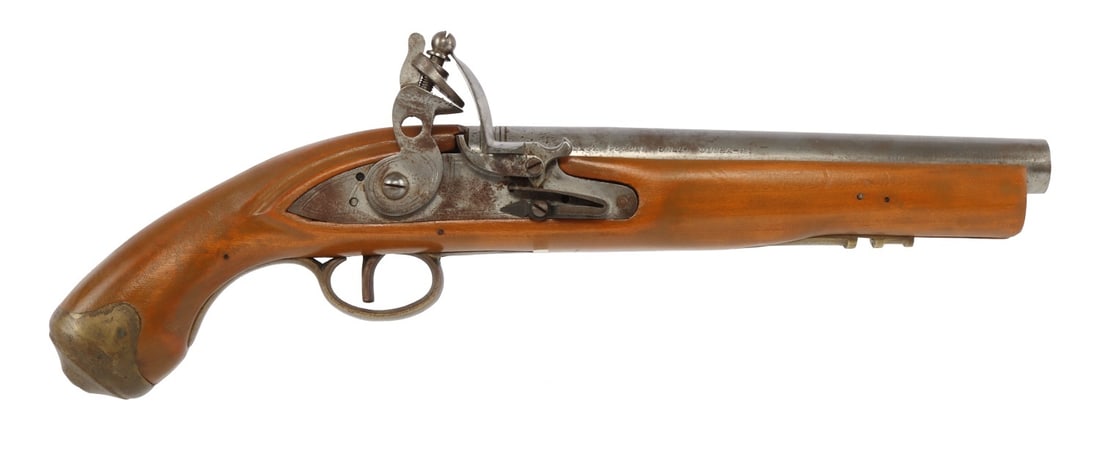 ULTRA-HI JAPAN .67 CAL BIG BORE FLINTLOCK PISTOL: Japanese-made ULTRA-HI muzzle-loading black powder flintlock pistol. Round 9-inch barrel, smoothbore. Top barrel flat marked "BP Proof Tested." Without flint, ramrod. Antique. | Caliber: 67 | Serial N