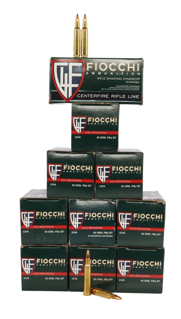 500 RDS .223 REM 55GR FMJ BT FIOCCHI RIFLE AMMO: Lot of 500 rounds factory new .223 Remington 55gr FMJ-BT centerfire rifle ammo. Fiocchi Centerfire Rifle Line. Brass case.