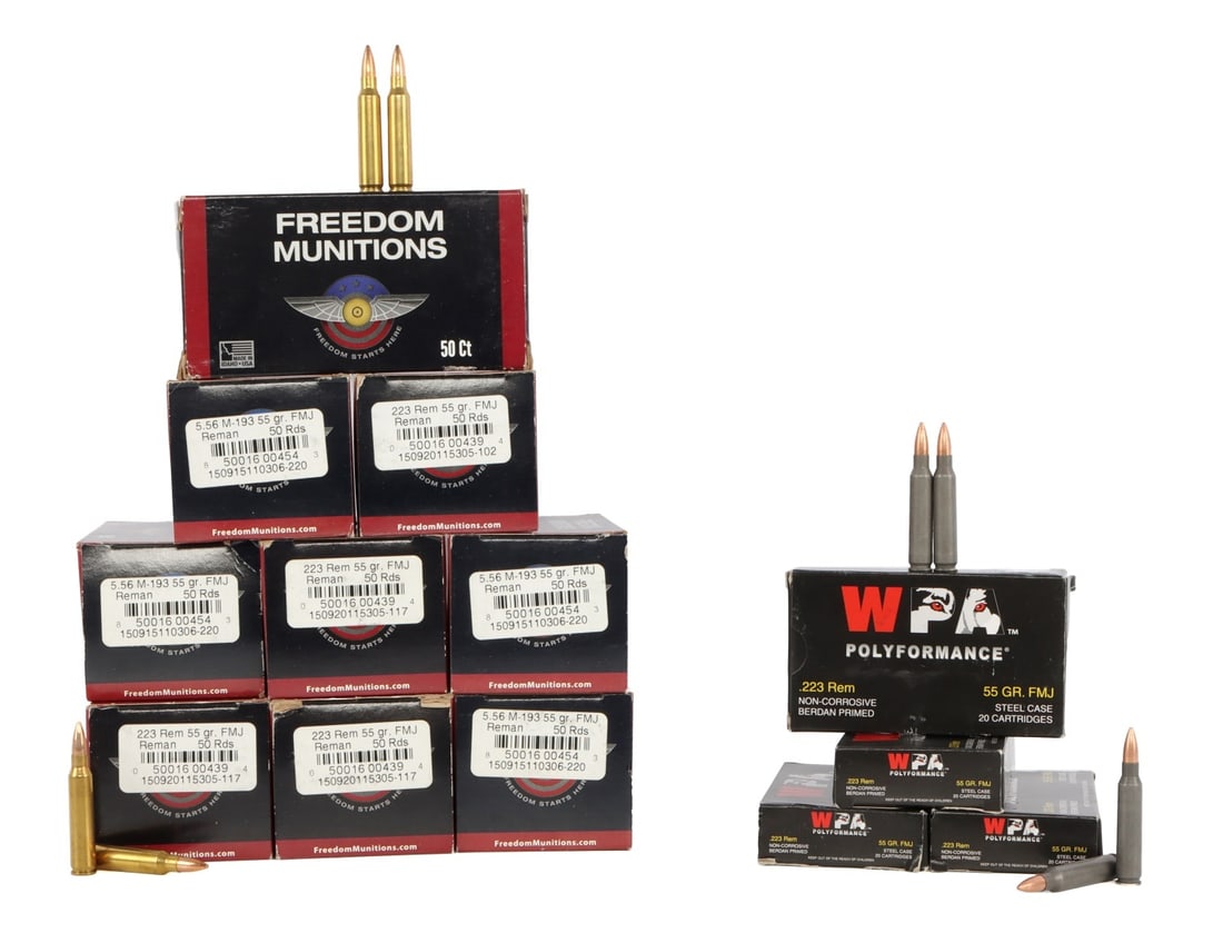 530 RDS .223 REM 55GR FMJ BT FREEDOM REMAN AMMO: Lot of 530 rounds .223 Remington 55gr FMJ centerfire rifle ammo. Freedom Munitions remanufactured brass case & factory new Wolf Polyformance steel case.