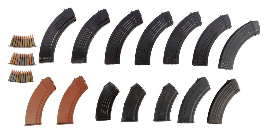 410 RDS 7.62X39 IN 14 MAGAZINES AK-47 RIFLE AMMO: Lot of 14 AK-47 rifle magazines and three 10rd clips loaded with a total of 410 rounds 7.62x39mm. Steel and copper-washed FMJ.