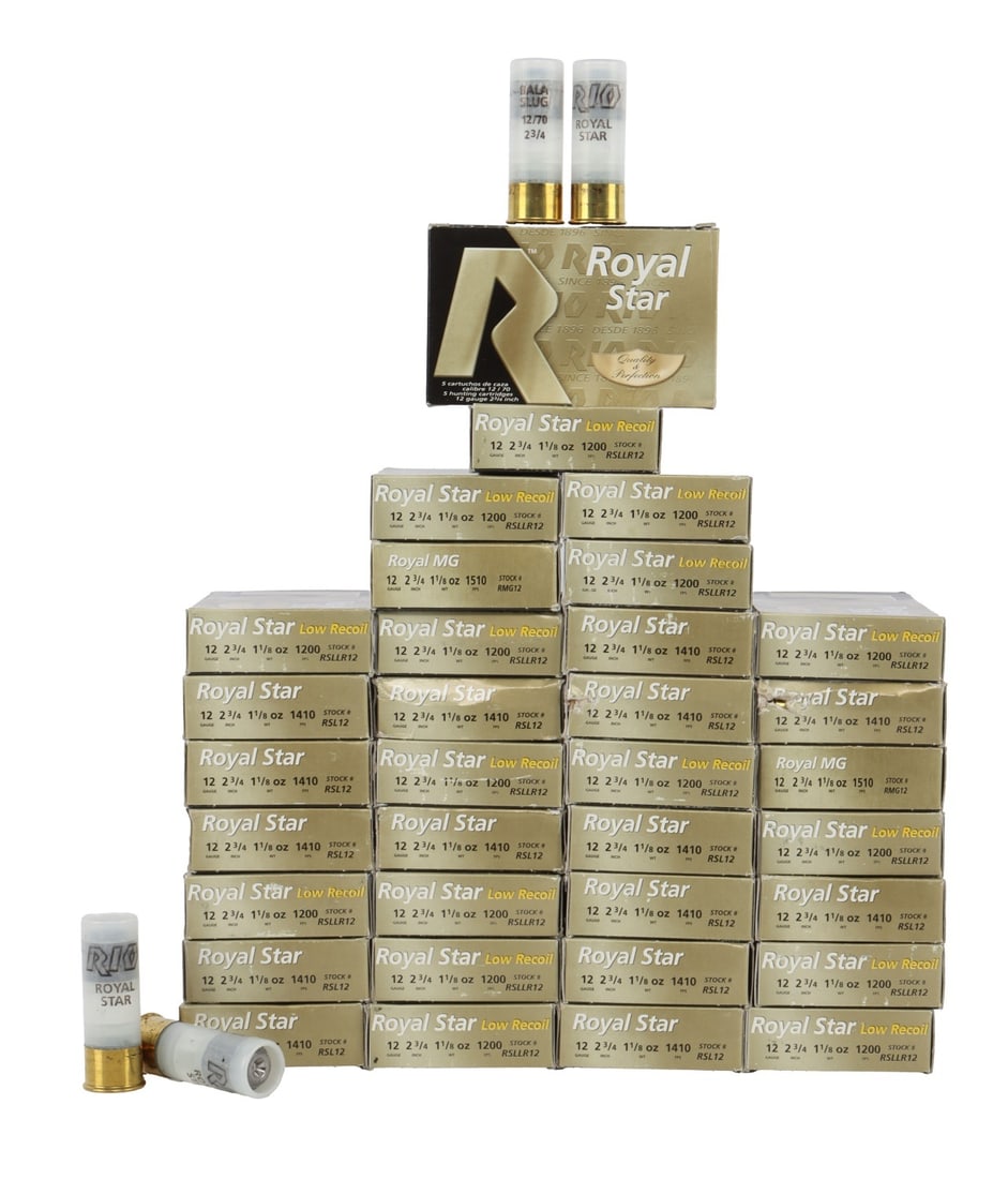170 RDS 12 GAUGE 2-3/4 SLUGS ROYAL STAR SHOTSHELLS: Lot of 170 rounds factory new 12 gauge 2-3/4 inch 1-2/8 oz Rio Royal Star slugs.