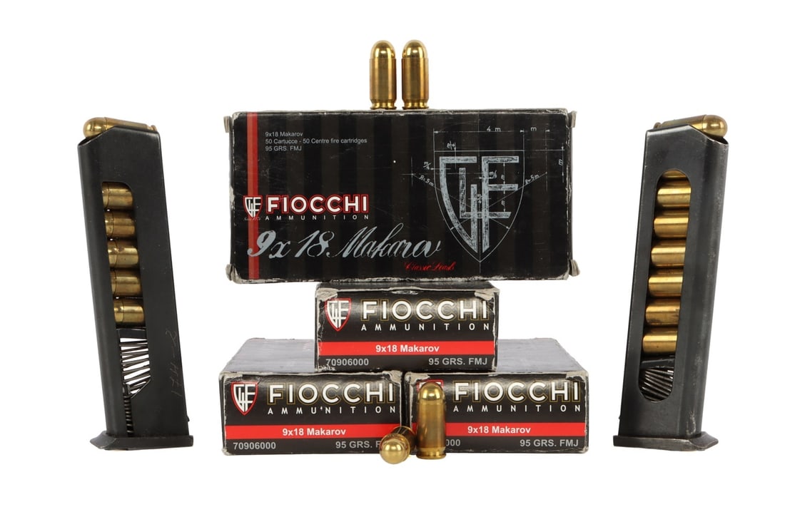 216 RDS 9MM MAKAROV 95GR FMJ PISTOL AMMO & 2 MAGS: Lot of 216 rounds factory new 9x18mm Makarov 95gr FMJ and two used 8-round Makarov pistol magazines.