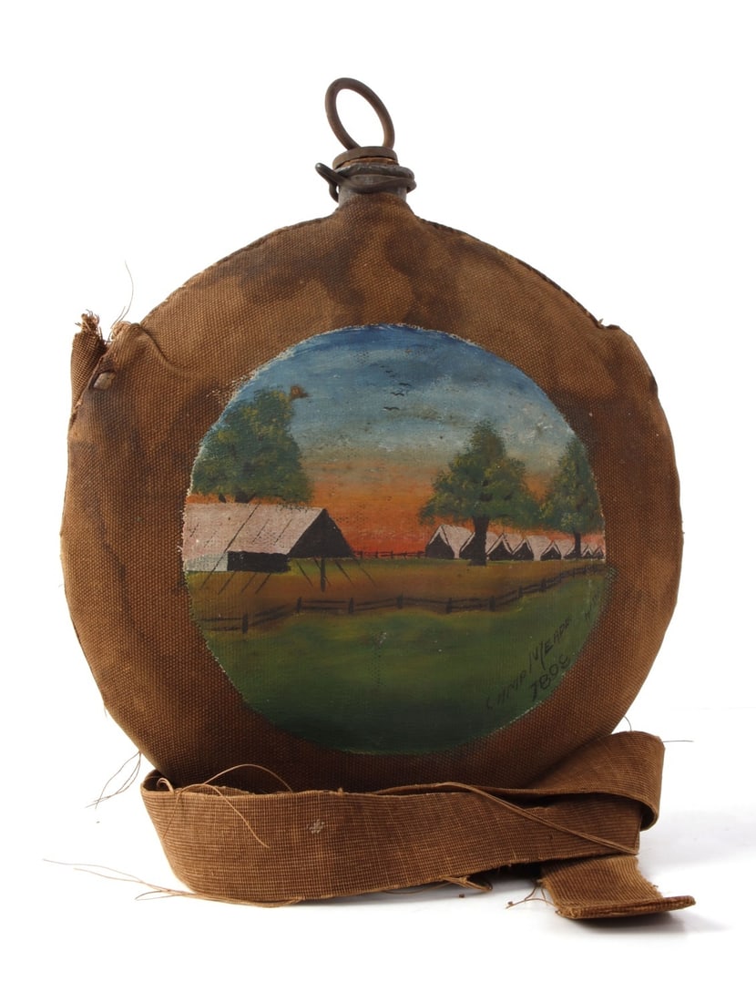 SPAN AM WAR CAMP MEADE PAINTED BULLSEYE CANTEEN: Spanish American War bullseye canteen. Cotton duck cover painted with scene of Camp Meade, dated 1898 and signed "Hahn."