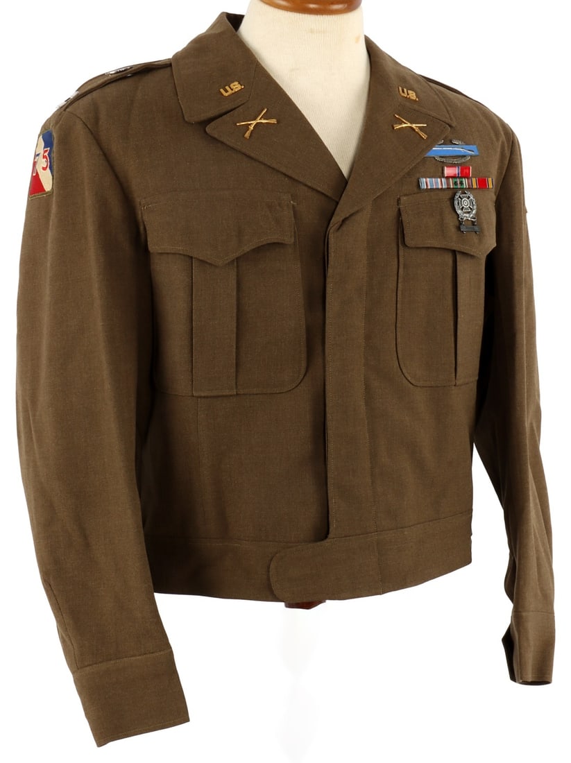 WWII US 6TH ARMORED 75TH INFANTRY CIB IKE JACKET: US Army Captain's 'Ike Jacket' of olive drab wool, size 40S, dated 1944. Left shoulder has embroidered patch of the US 6th Armored Division. Right shoulder has US 75th Infantry Division insignia patch
