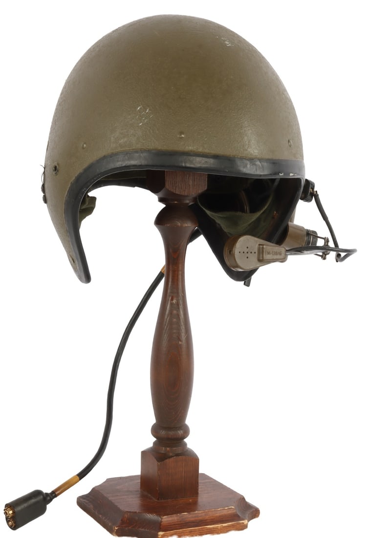 VIETNAM WAR SIERRA COMBAT VEHICLE CREW HELMET: CVC helmet with telephonics. Webbing has Sierra maker's mark. Dated Dec. 16, 1966. Size regular.