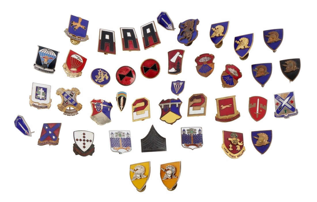 WWII US & BRITISH DUI INSIGNIA CREST PIN LOT OF 40: Lot of forty (40) WWII-era US & British distinctive unit insignia pins. Flying Tigers, 7th Infantry, 456th Parachute Artillery and more.