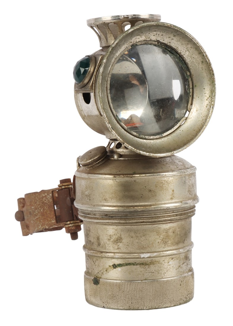 ANTIQUE CARBIDE BICYCLE LAMP: A carbide lamp for a bicycle or other conveyance. Early twentieth century. Has not been tested.