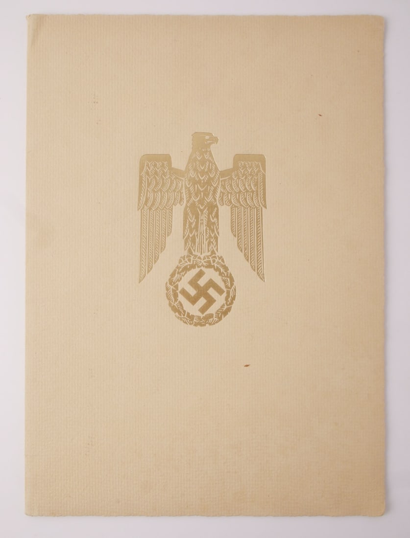 HITLER SIGNED GENERAL OFFICER PROMOTION 1937 DS: Partially printed document, signed. Beforderungsurke or beforderungsmappe (promotion portfolio, certificate) of Wehrmacht General Officer Walter Behschnitt, with signature of Adolf Hitler and Walther