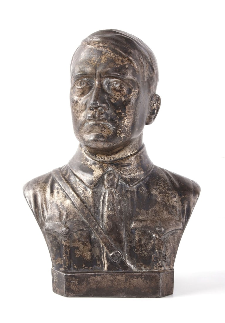 WWII GERMAN ADOLF HITLER STATUE BY SCHMIDT HOFER: Silver over brass bust of Adolf Hitler. Reverse signed Schmidt Hofer. It measures 6 3/4 inches.