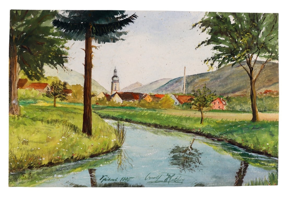 WWII GERMAN THIRD REICH ADOLF HITLER PAINTING COA: A painting bearing the signature of German dictator Adolf Hitler, dated to 1905. The painting shows an idyllic village. This painting comes with a certificate of authenticity from forensic handwriting