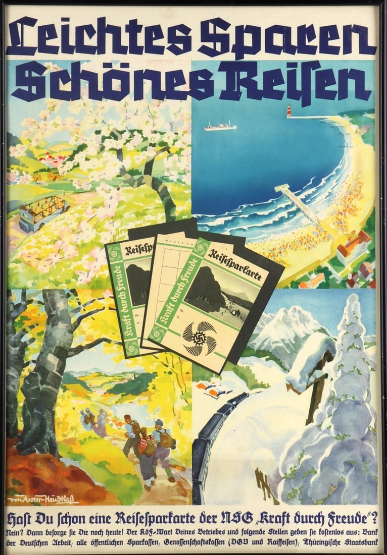 WWII GERMAN REICH STRENGTH THROUGH JOY POSTER: A poster for the Strength Through Joy organization (NS Gemeinschaft Kraft durch Freude). This poster advertises holiday savings coupons. 17 X 24.25 inches. Framed, can be removed from frame for shippi