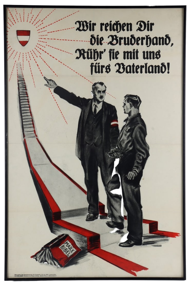 WWII GERMAN THIRD REICH AUSTRIAN PROPAGANDA POSTER: A poster advocating for German and Austrian unity within the Third Reich. The text reads (in English) "The Reich extends its hand in brotherly love and we must shake it for the fatherland." The image