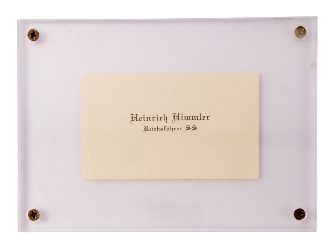 WWII GERMAN THIRD REICH HIMMLER CALLING CARD: A calling card for Heinrich Himmler. Reads "Heinrich Himmler Reichsfuhrer SS." In protective case.