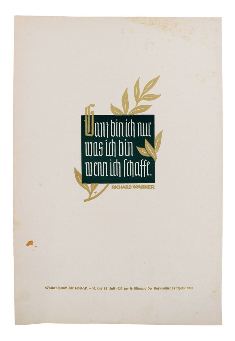 WWII GERMAN THIRD REICH RICHARD WAGNER QOTW POSTER: An NSDAP quote of the week propaganda poster, featuring a quote from Richard Wagner. Dated July 1939. 9.6 X 13.9 inches.