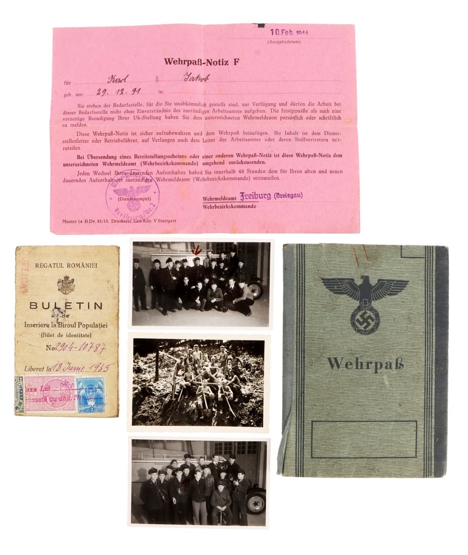 WWII GERMAN WEHRPAS ID PAPERS & PHOTOS LOT OF 6: Lot of six (6) pieces. Includes Wehrpas of Jakob Karol, born 1891, Imperial German Army service 1912-1918. Also includes Wehrpas-Notiz F document, Karol's Romanian ID card "Buletin de Inseriere la Bir