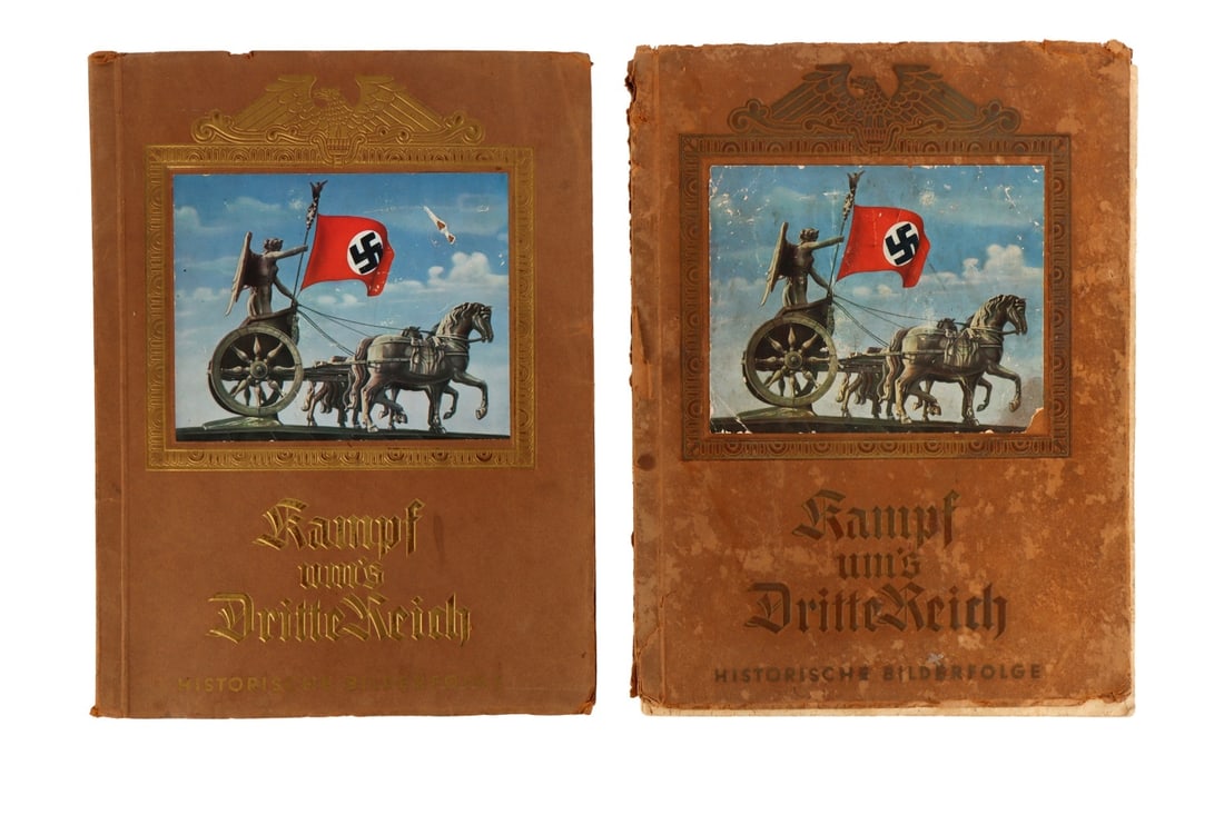 WWII STRUGGLE FOR THE THIRD REICH PHOTO ALBUM: A two volume photo album of Adolf Hitler and associated NSDAP and German matters, largely derived from cigarette cards. This is an incomplete photo set.