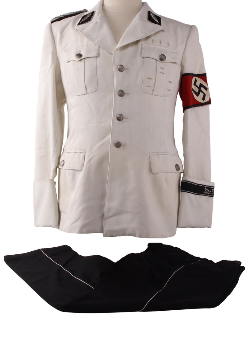 WWII GERMAN 3RD REICH ALLGEMEINE SS SUMMER DRESS: Allgemeine-SS officer's summer uniform white jacket, black trousers. Jacket bears the collar tab and shoulder boards of a Standartenfuhrer. It has a black bordered armband attached to the left sleeve