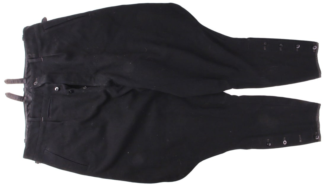 WWII GERMAN TROUSERS FOR A BANHPOLIZEI RAIL POLICE: Trousers for a banhpolizei. Ink stamped 'Banhpolizei Essen 6 56.' 40 inch waist, 41.5 inch inseam.