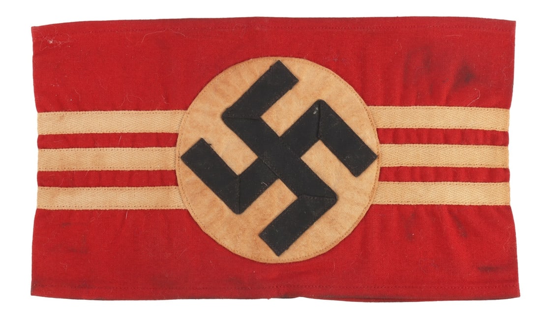 WWII GERMAN EARLY SA ARMBAND MULTI-PIECE COTTON: Early SA armband, multi-piece construction, cotton. Flat, measures 8 x 4.5 inches.