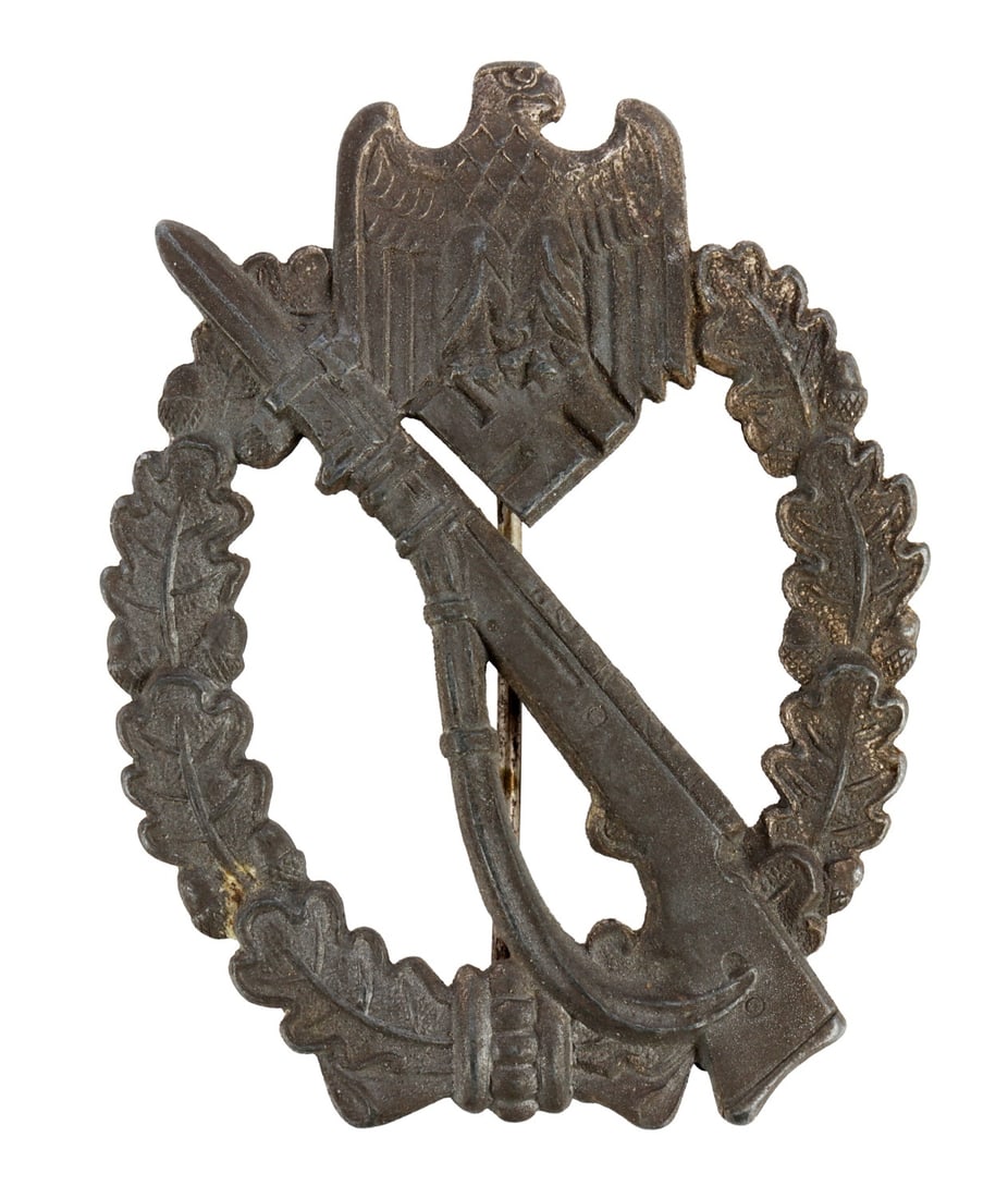 GERMAN HEER INFANTRY ASSAULT BADGE FRITZ ZIMMERMAN: Silvered zinc, solid-struck. Reverse has FZS maker's mark, vertical wire pin and crimped round wire catch. Gross weight 21 grams.
