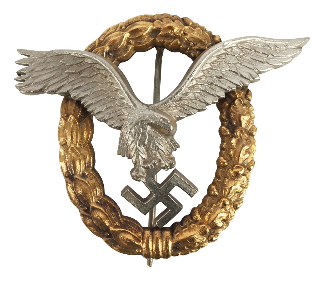 WWII LUFTWAFFE PILOT OBSERVER BADGE F. LINDEN: Luftwaffe Pilot Observer badge. Solid-struck, of gilt and silvered zinc, the reverse having two rivets, a vertical round wire pin and crimped round wire catch. No apparent maker's mark, probably Fried