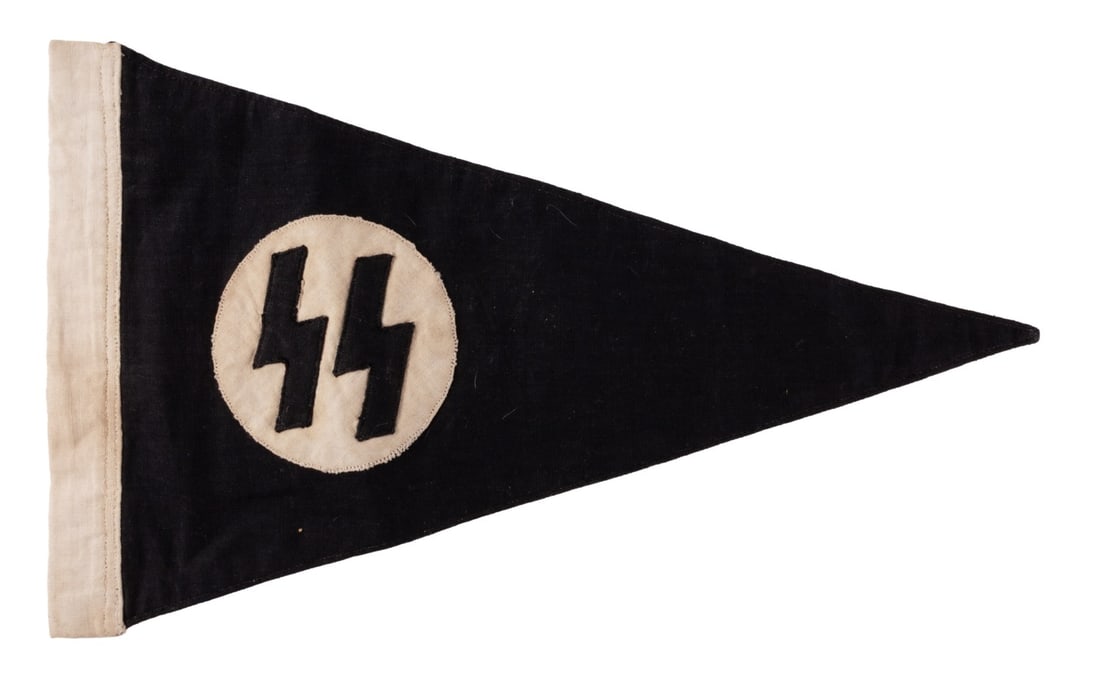 WWII GERMAN THIRD REICH LIEBSTANDARTE PENNANT: A pennant for the Waffen-SS LSSAH (Leibstandarte Adolf Hitler), depicting SS-Siegrunes and the key flag of Leibstandarte. 8 X 13 inches.