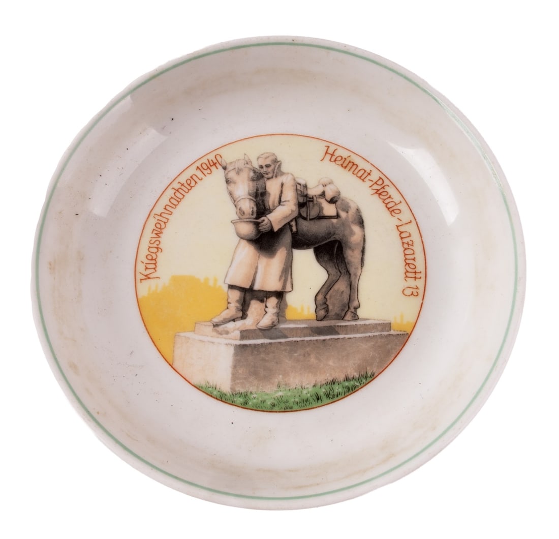 WWII GERMAN THIRD REICH WAR CHRISTMAS PLATE: A War Christmas plate from 1940. Reads "Kriegsweihnachten 1940 Heimat-Pferde-Lazarett 13" (Homefront Horse Hospital 13). Depicts a man feeding a horse. Made by Thomas.