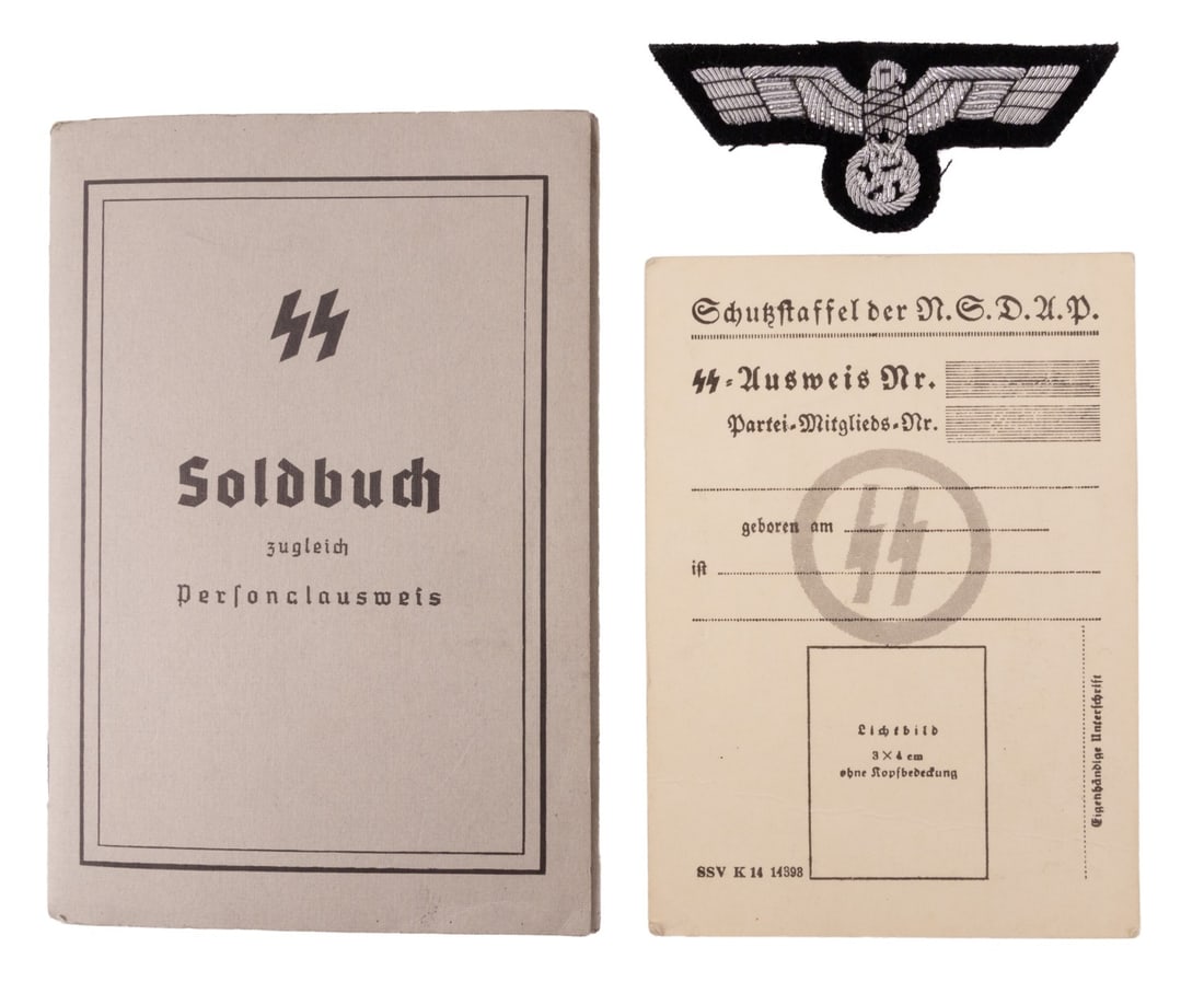 WWII GERMAN THIRD REICH ASSORTED ITEMS LOT OF 3: 1) A Heer bullion breast eagle. 2) A soldbuch for the SS. 3) An SS Ausweis with Himmler stamp signature.