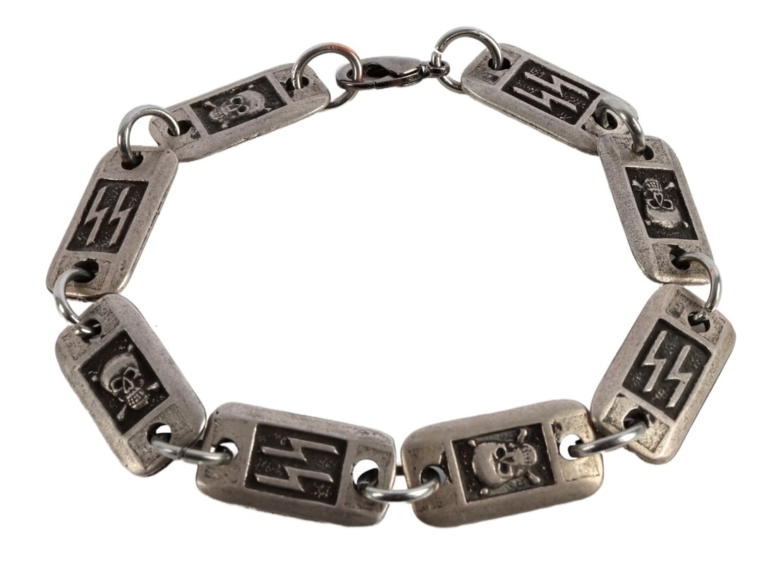 WWII GERMAN THIRD REICH TOTENKOPF SS BRACELET: A bracelet for the SS, showing the SS and the Totenkopf imagery. 8 inches in length.
