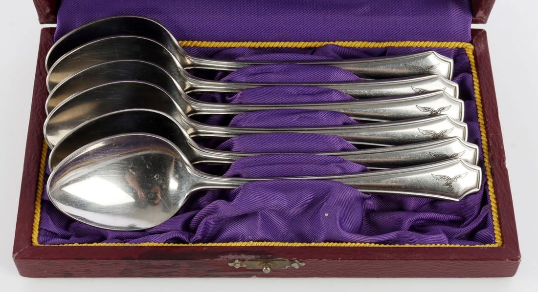 WWII GERMAN THIRD REICH LUFTWAFFE FORKS LOT OF 6: A set of six forks bearing the symbol of the Luftwaffe. Cased. Case reads "Liegnitz 01.05.1942."