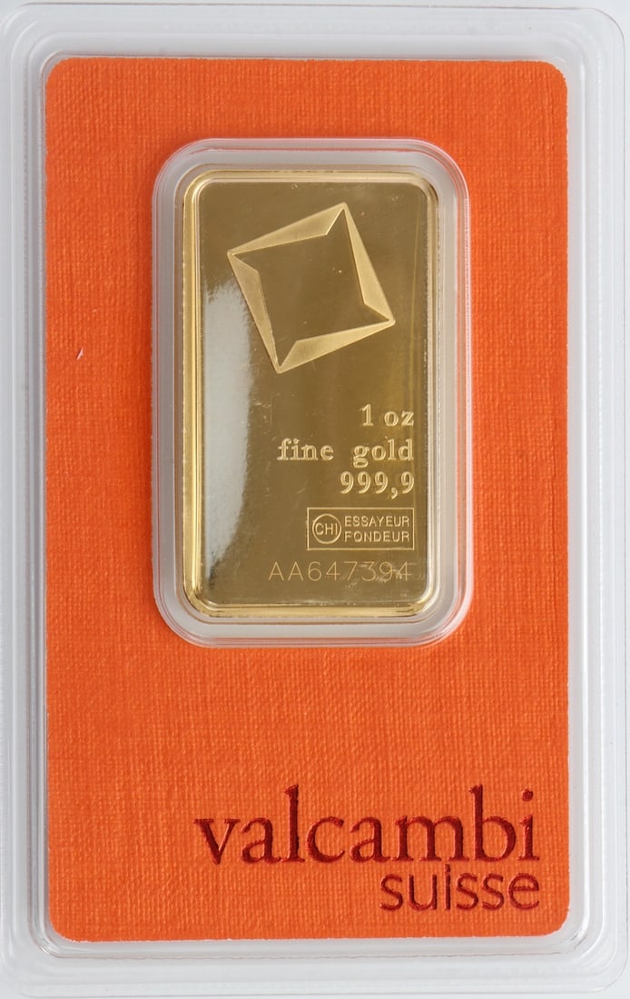 ONE 1 TROY OUNCE .9999 SWISS VALCAMBI BAR: One 1 ozt .9999 gold bar from Valcambi. This lot has a reserve.