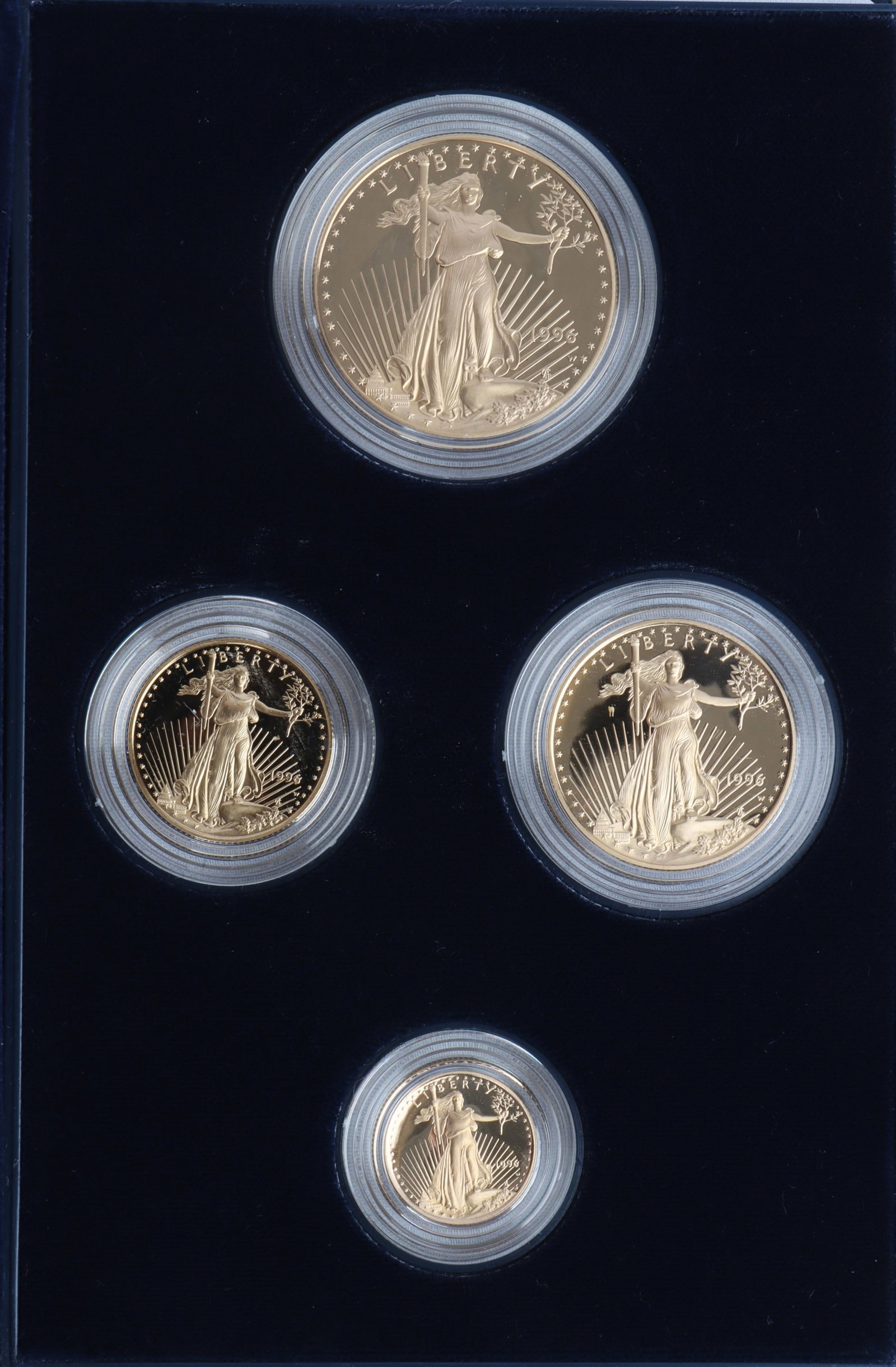 US GOLD BULLION FOUR COIN PROOF SET: Lot features a cased US gold proof set featuring a one ounce, half ounce, quarter ounce, and tenth ounce. All West Point mint. Total weight is 1.85 troy ounces of gold