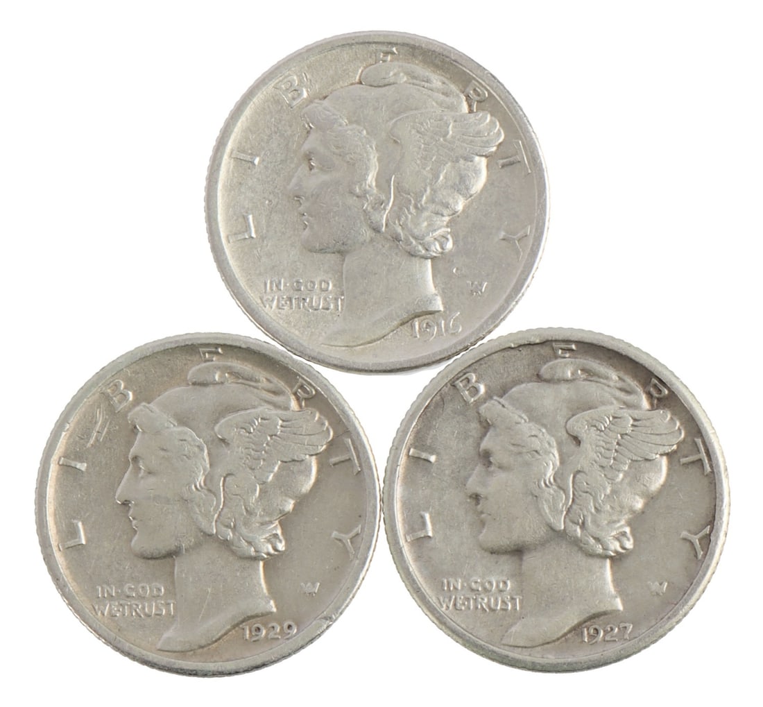 90% US SILVER MERCURY DIMES 1916 1927 1929 (1 of 2)