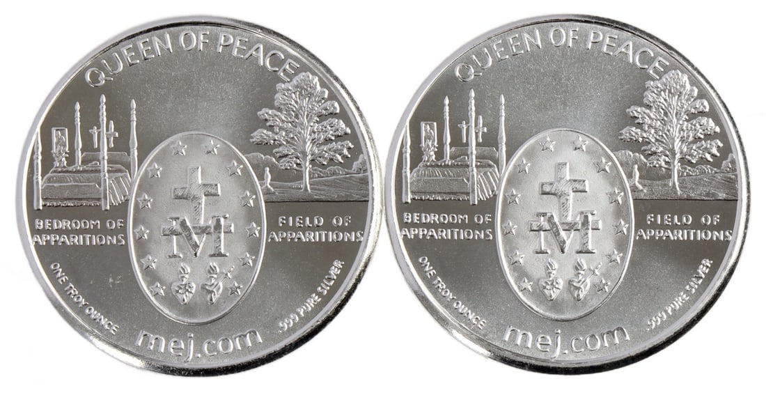 TWO 1 OZT MEDJUGORJE .999 FINE SILVER ROUNDS: Two 1 troy ounce silver rounds, featuring the imagery of Medjugorje, a Catholic pilgrimage site in Bosnia & Herzegovina. This lot has a reserve.