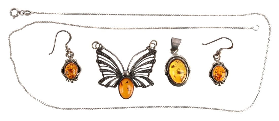 925 STERLING SILVER AMBER JEWELRY LOT OF 4 PIECES: Sterling silver amber lot. Both pendants UV test for amber. Earrings do not react to UV light. Lot features 2 pendants, one pair of earrings and one 21 inch box chain. Butterfly pendant is unmarked, b