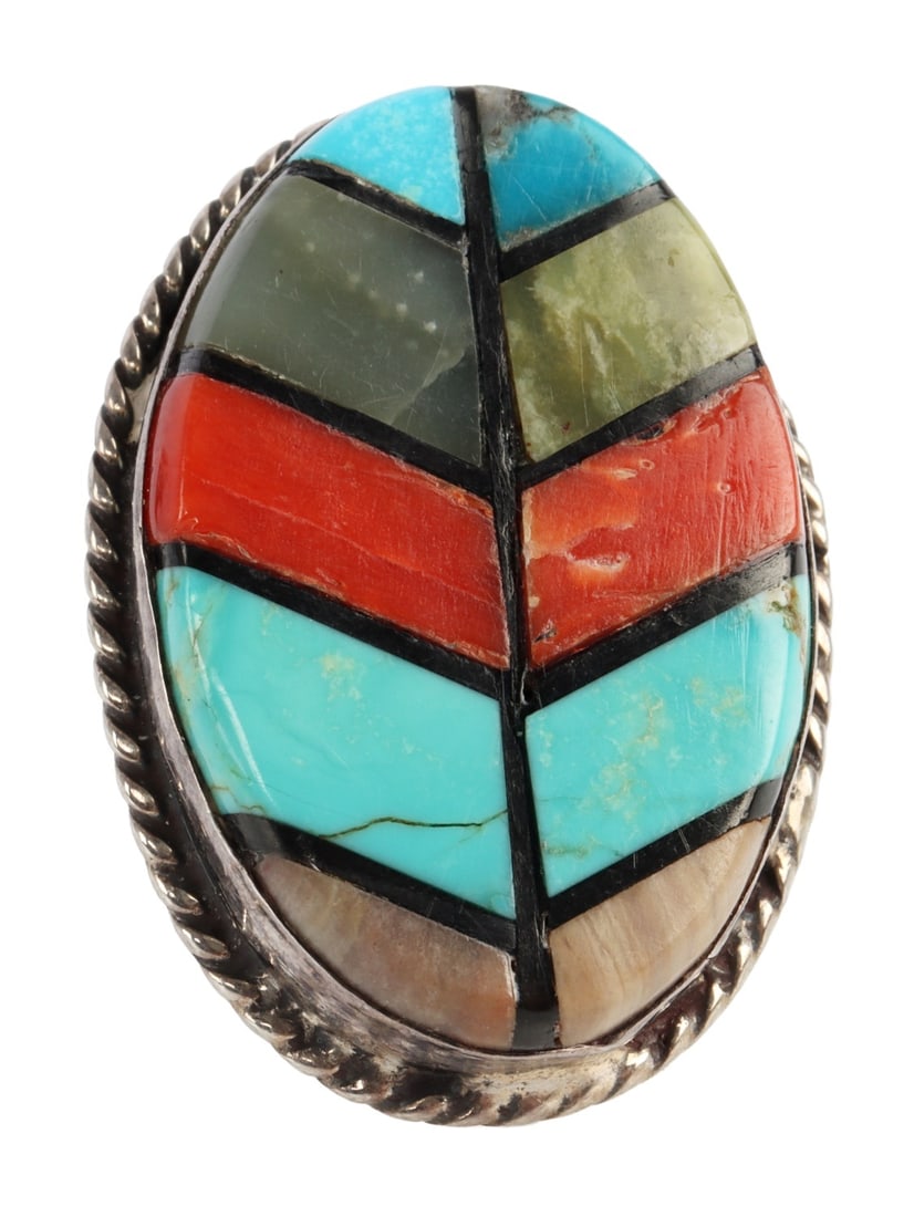 VINTAGE NATIVE AMERICAN MULTI STONE STERLING RING: Size 8.75. Weighs 15 grams. Mix of stones including turquoise .