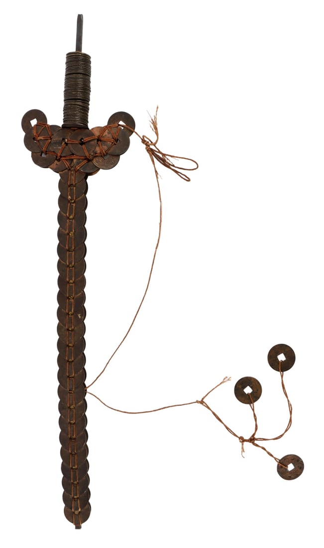 CHINESE DAOIST COIN SWORD 19TH & 20TH CENTURY: A Daoist 'evil-warding' coin sword. The coins used in the construction of this sword stop during the reign of the Guangxu Emperor, indicating that it was constructed prior to 1908. Some coins appear p