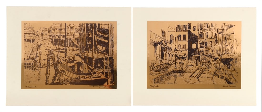GOLD LEAF LITHOGRAPH FROM LIONEL BARRYMORE: A gold leaf lithograph of Lionel Barrymore's piece, "Water Front." 10.1 X 8.25 inches.