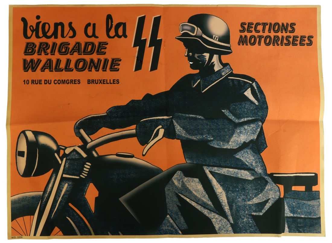 WWII GERMAN WAFFEN SS WALLONIEN RECRUITMENT POSTER: A recruitment propaganda poster for the Wallonien Brigade of the Waffen-SS. Shows a motorcyclist in SS uniform. Old paper. 31.5 X 23.5 inches.
