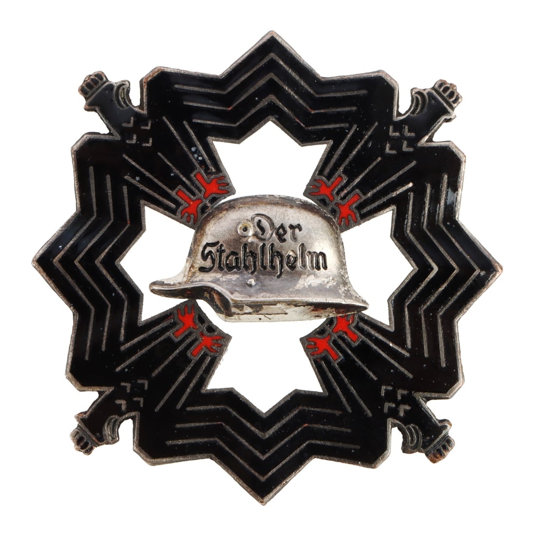 RARE WWII GERMAN WEHRSPORTKREUZ BADGE: Der Stahlhelm wehrsportkreuz badge. Black, white, and red enamel. Silvered stahlhelm. Reverse marked Ges Gesch. Measures 1 3/4 inches. Unauthenticated, sold as is.